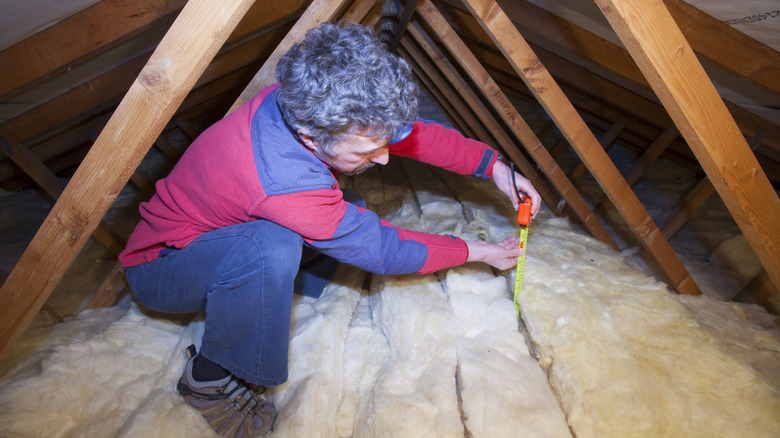 Man measures the depth of insulation in an attic