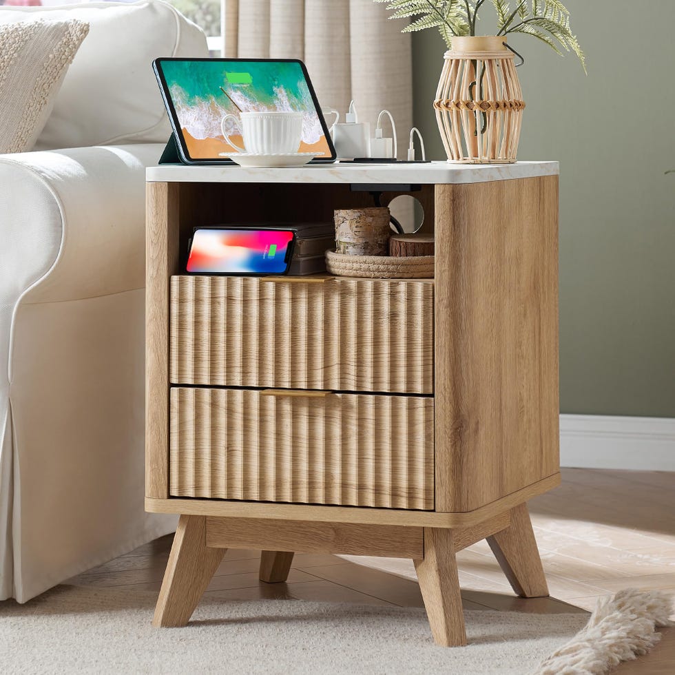 Fluted bedside table with charging station