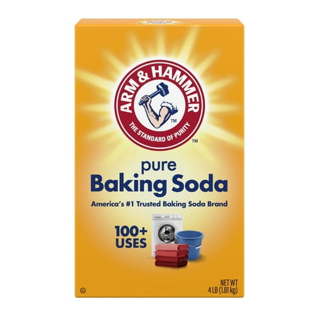 A yellow cardboard box containing pure baking powder from Arm & Hammer