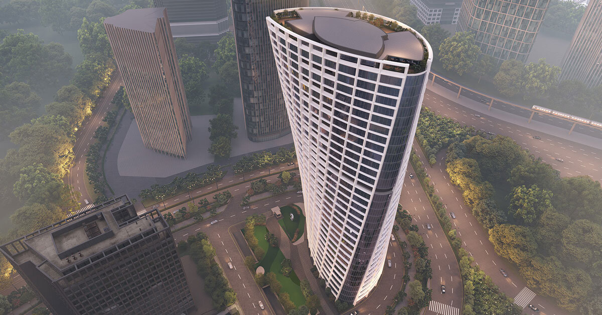 The twisted office tower by ini design studio rises above the tech city in India