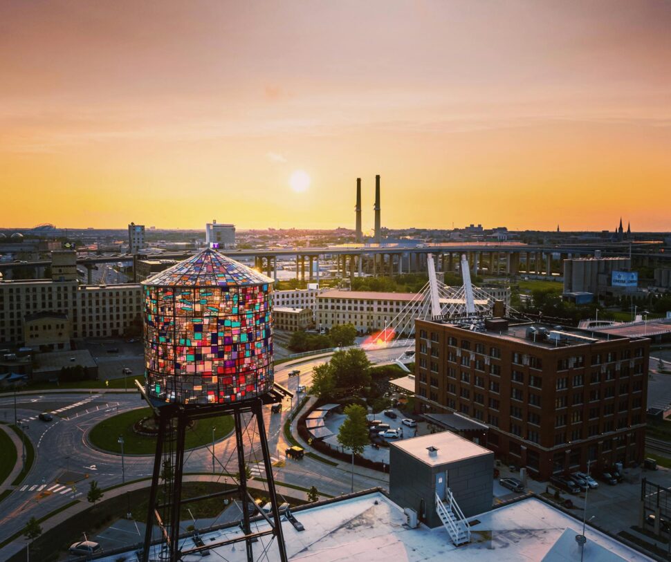 Drone shot from the top of the Coakley Brothers building