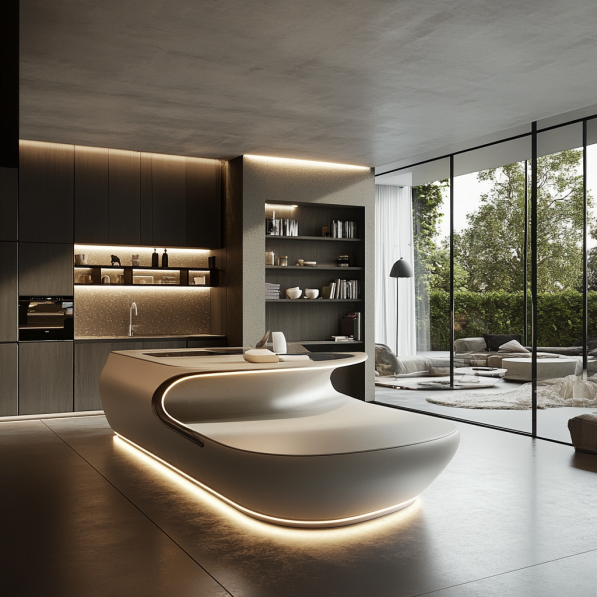 Modern kitchen with an elegant curved island, integrated lighting and open shelving. Large glass doors reveal a garden with trees.