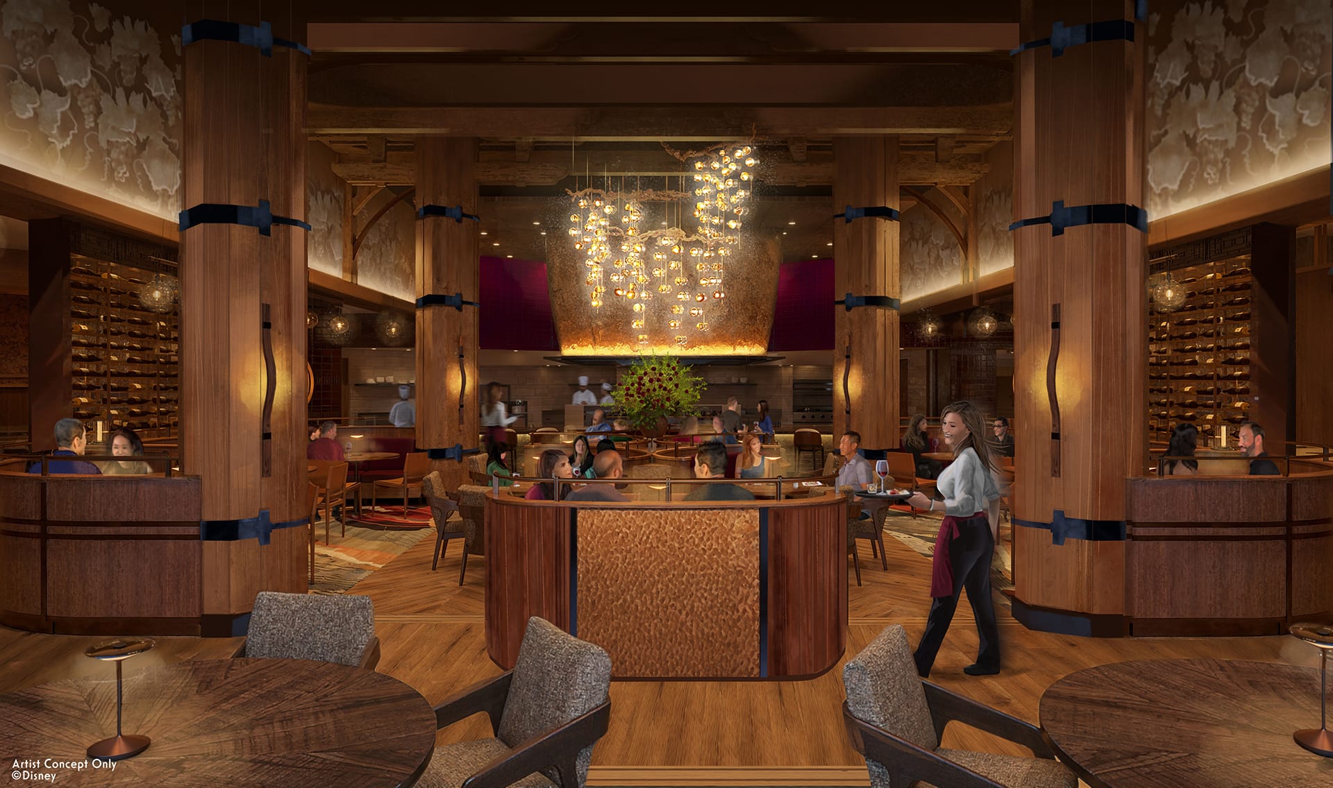 In the elegant Napa rose restaurant, embedded in Disney's Grand Californian, the patrons enjoy the wood decor and the chandeliers. Waitstaff takes care of guests in the middle of a backdrop of wine bottles.