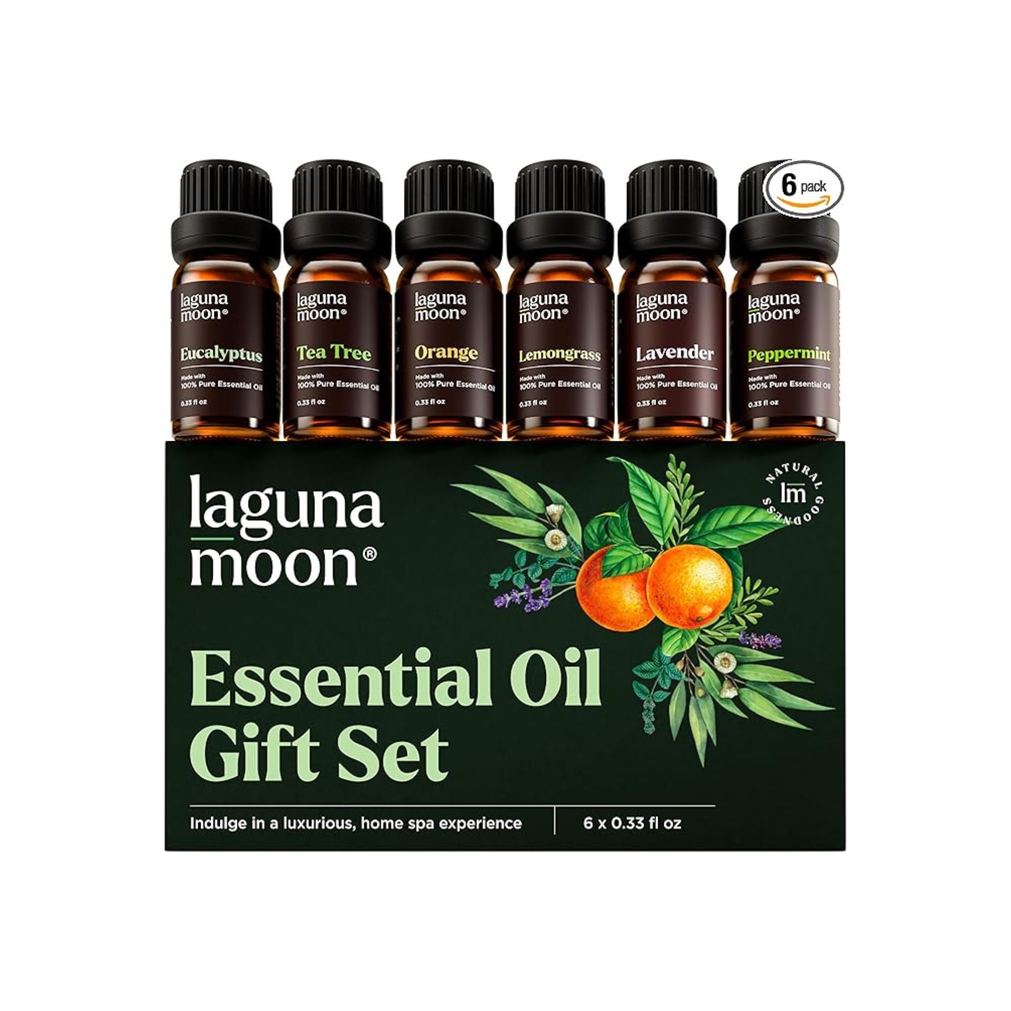 A dark green box with essential oils with six amber bottles over it