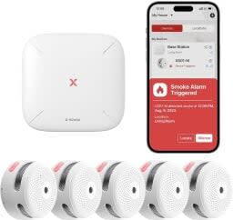 Five white, orkiker smoke detectors appear with a hub and a smartphone screen that shows an app