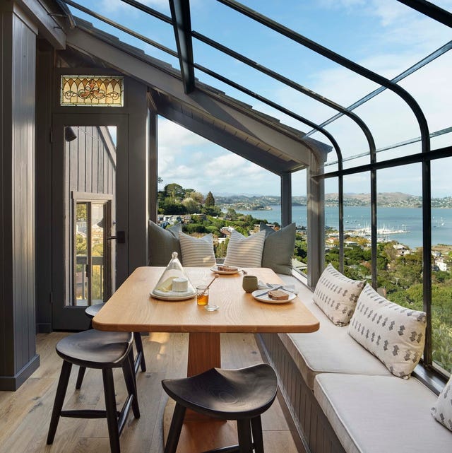 cozy dining area with a view of a bay