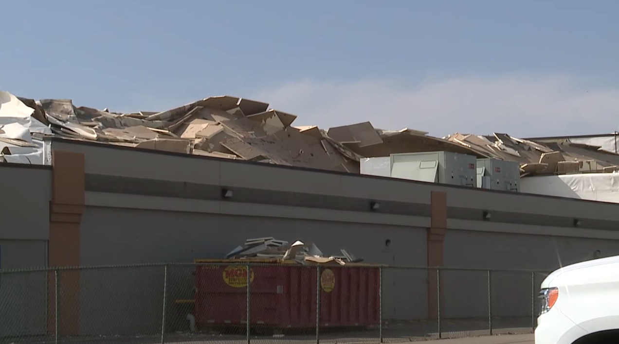 The Rolladium roof in Waterford Township has great damage after strong winds