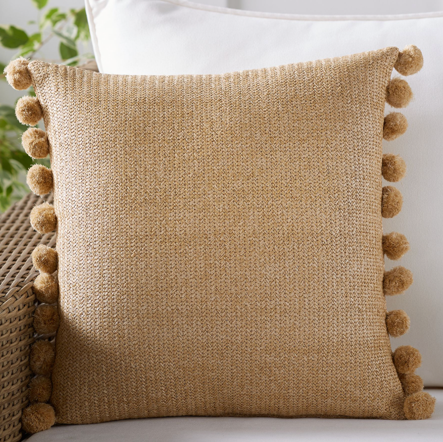 Faux natural fiber pom pom outdoor pillow Faux natural fiber pom pom outdoor pillow
