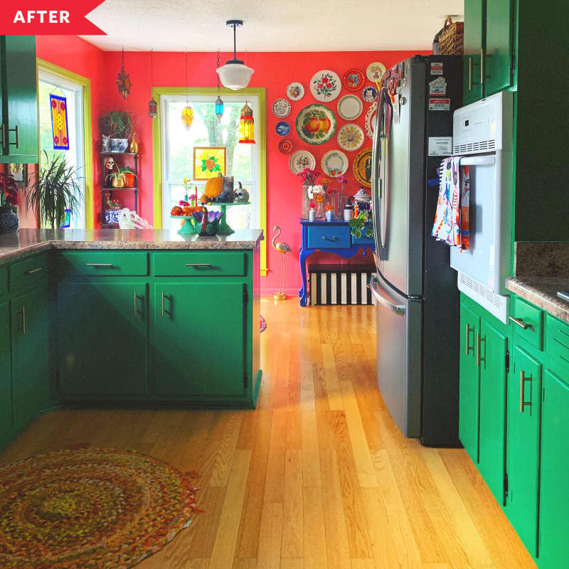 After: kitchen with strong green cupboards and coral walls