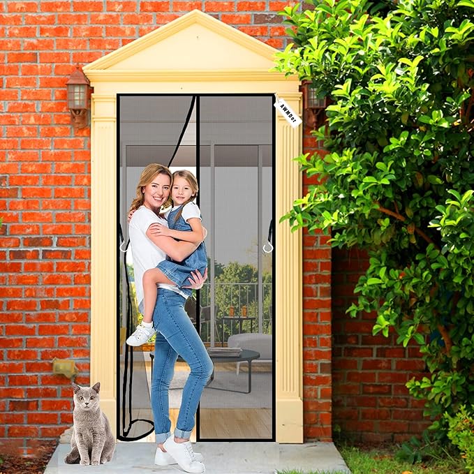 Magnetic insect screen door with a woman and a child.
