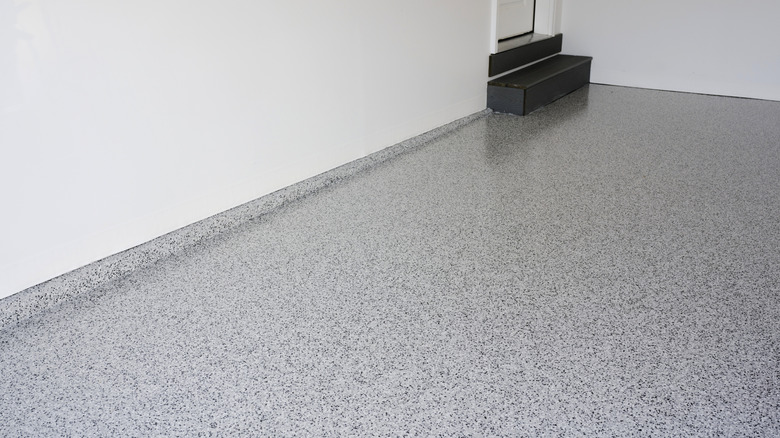 A garage with a freshly sealed Terazzo floor.
