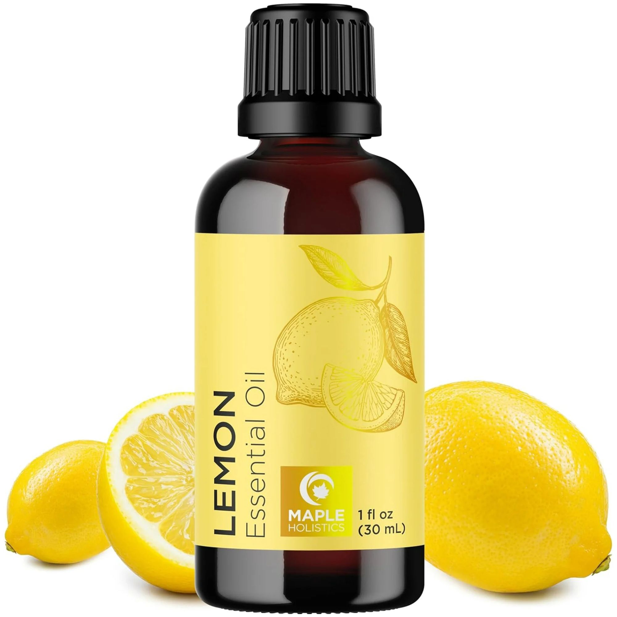 A brown bottle of essential lemon oil with a yellow label and a black lid
