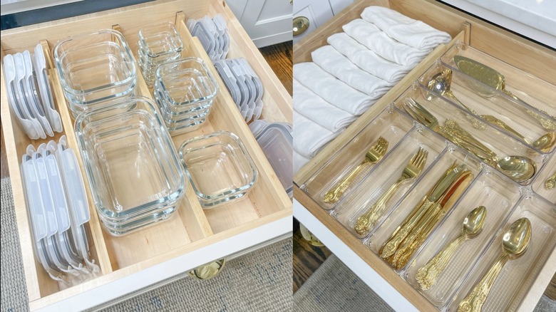 Kitchen Island drawers with organized rooms for objects and pickled clear organizers