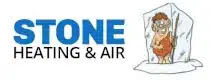 Frozen stone heating & air logo with a cartoon cave man in an ice block.
