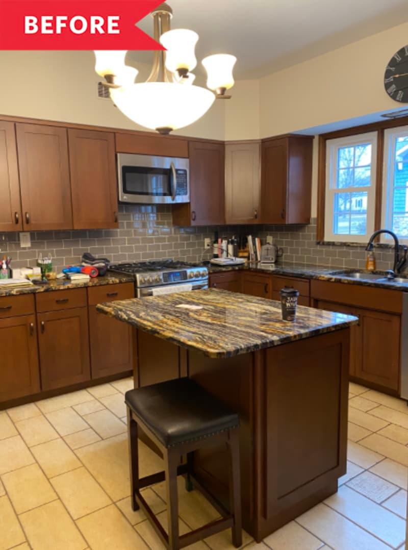 Wide -angle kitchen in front of renovation tile floors wooden island wooden cabinets