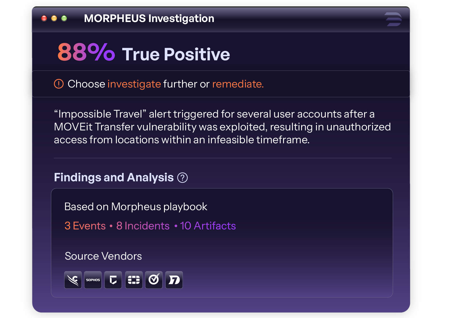 Illustration of the Morpheus examination interface, which shows an 88% real positive alarm for an impossible travel attempt