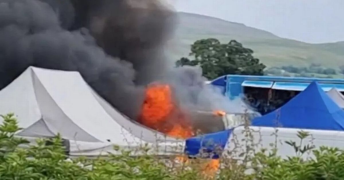 Huge fire tears through the tents and stands of the traveler on the Appleby Horse Fair in Cumbria