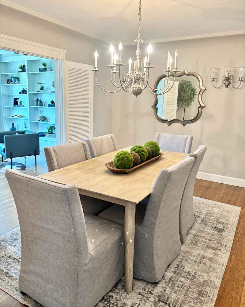 Gray padded chairs in the newly renovated dining room.