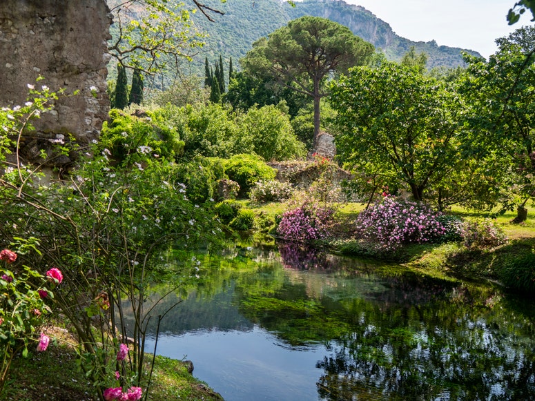 Lush gardens with sparkle blue water and trees