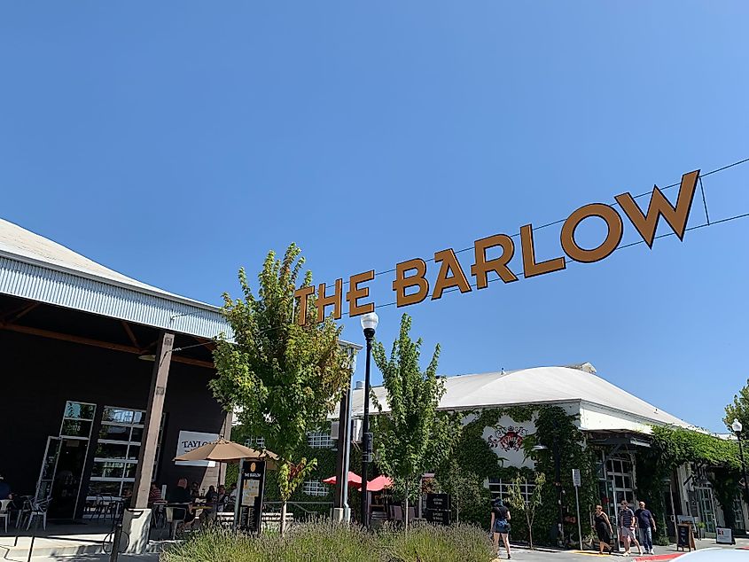 A large street sign above the Barlow market area in Sebastopol, California.