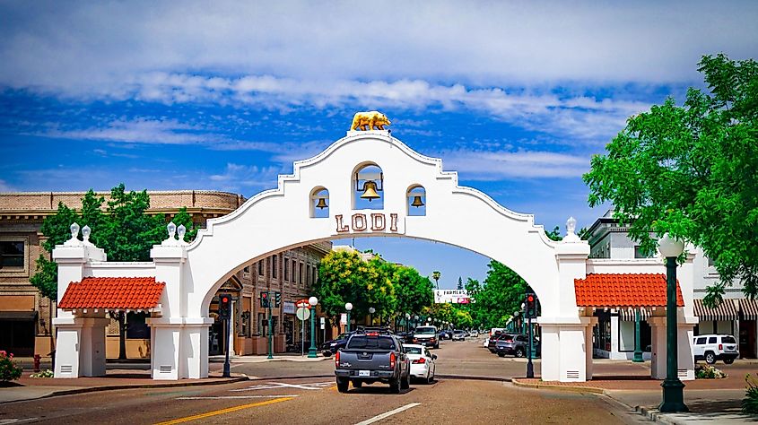Lodi, California: Downtown in late spring with a beautiful blue sky