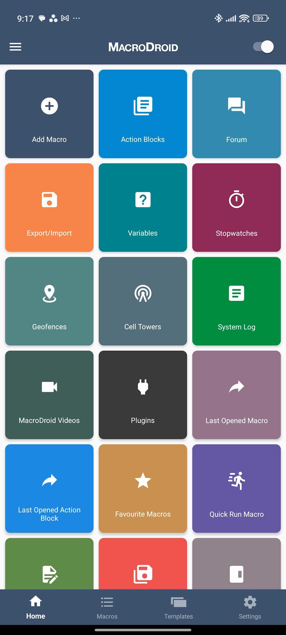 Macrodroid start screen