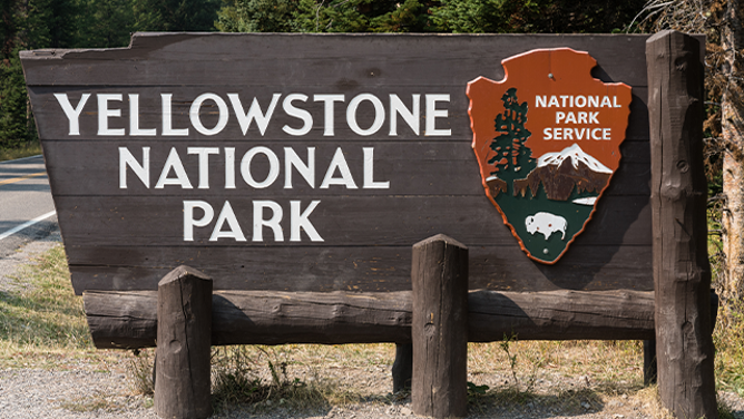 The wood input sign for Yellowstone National Park, USA .. (Photo by: Jon G. Fuller/VWPICS/Universal Images Group via Getty Images)