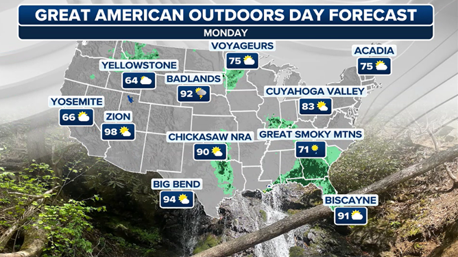 A forecast for some of the national parks on August 4, Great American Outdoors Day.