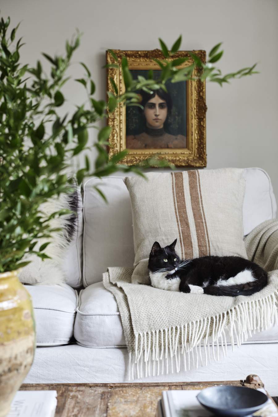 A smoking cat was sitting on a cream couch with a cream -colored couch with a gold framed painting on the wall at the top of the wall