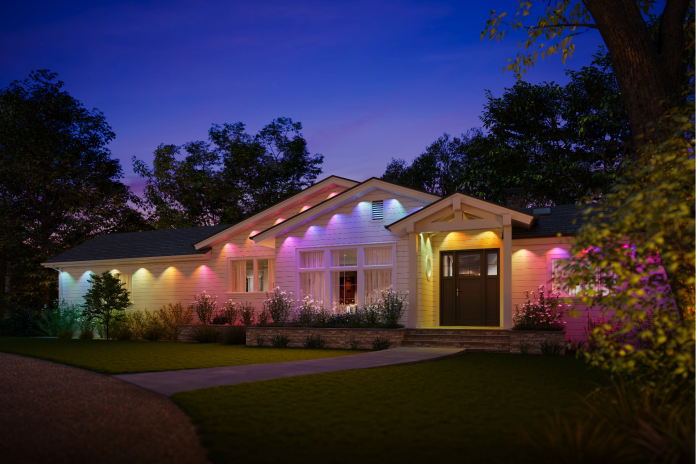 A beautifully lit house that shows the permanent prisms of Govee outdoors outdoors and illuminates the appearance with a lively color exhibition at dusk.