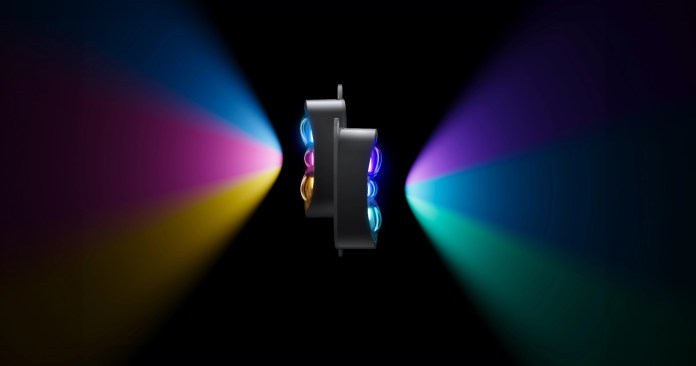A close-up supervisor of the permanent prism of Govees Permanent Outdoor Lights, which shows the optical triple color effect and projects multicolored rays into different directions against a black background.