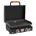 Blackstone on-the-go tabletop ribs in black with orange handle and orange accents on the double control buttons