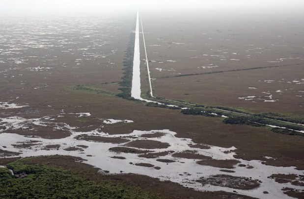 The contrast between the normal sheet metal flow of water and water flow can be seen on both sides of the L-67 channel in the Everglades on Thursday, July 11, 2024
