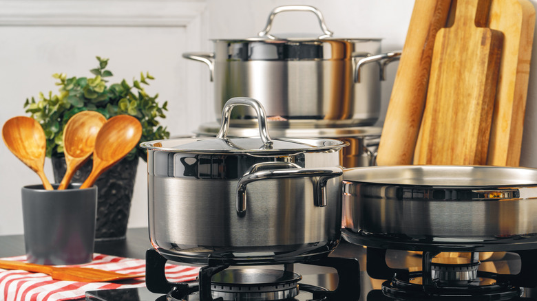 Close up of the clean pot on a gas stove in the kitchen