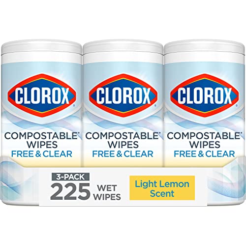 Clorox Free & Clear Compostable Cleaning Wipes Light Lemon Scent 75 Count 3 Pack (Package May Vary)