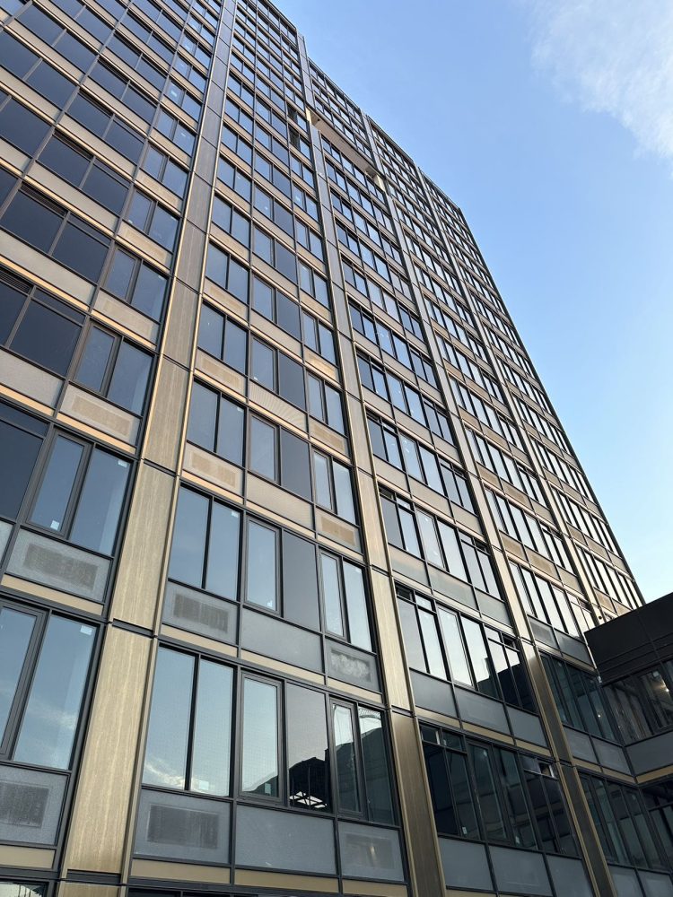 The interplay of glass and metal defines a modern city facade