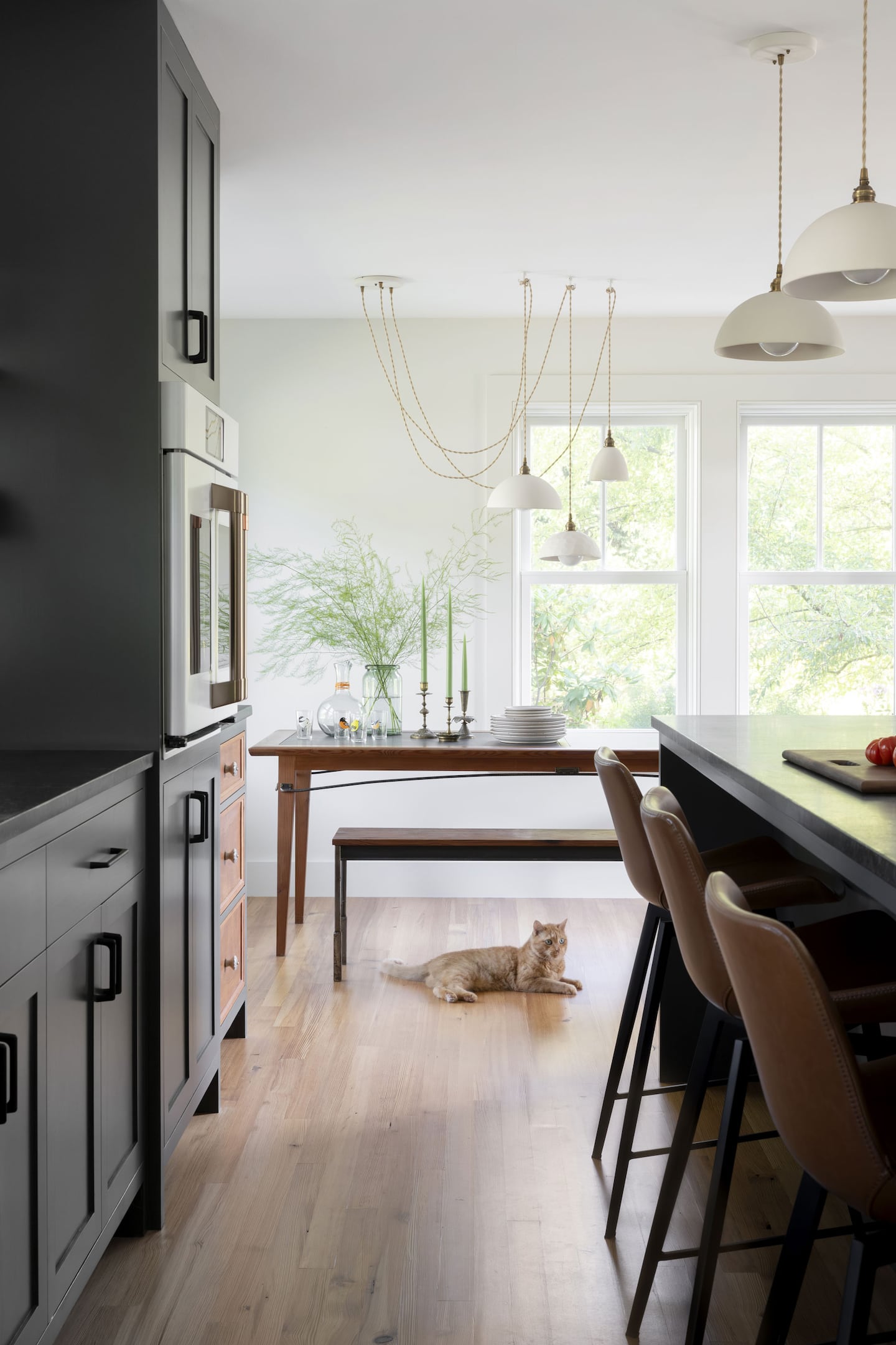 A hallway in a kitchen between some cabinets on the left wall and an island on the right. There are three chairs under the counter. In the background there is a dining table with three lights hanging above it. There is a cat on the floor under the table and there are two large windows on the back wall.