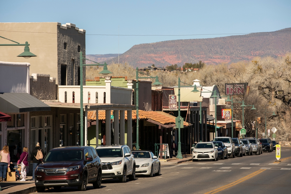 Cottonwood, Arizona, afternoon traffic flows through Main Street in the historic downtown district.