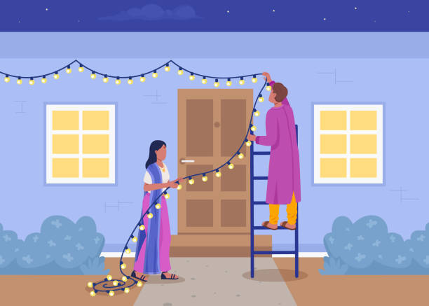 Couple decoration house for diwali flat color vector illustration couple decoration house for diwali flat color vector illustration. Preparation for the celebration of the vacation. Old tradition. Fully edited 2D simple cartoon characters with external on electrical security in the background at home while Diwali Stock Illustrations