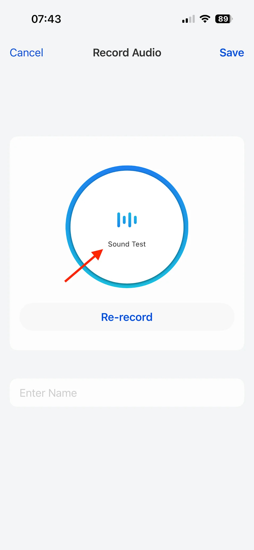 The Sound Test button in the Record Audio settings in the Reolink app on an iPhone.