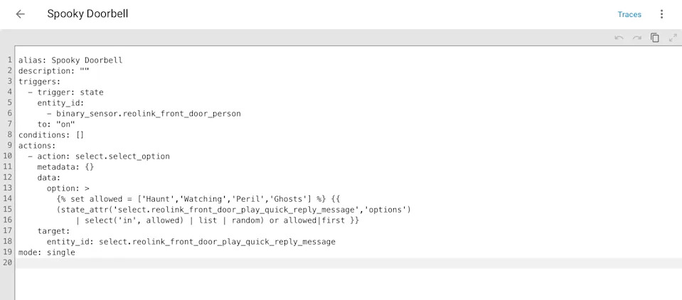 The YAML for a Spooky Doorbell automation in Home Assistant.