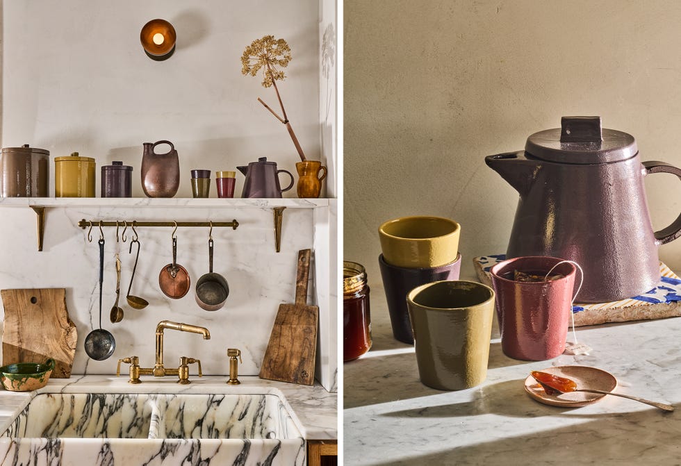 Kitchen scene with various kitchen utensils and a sink.