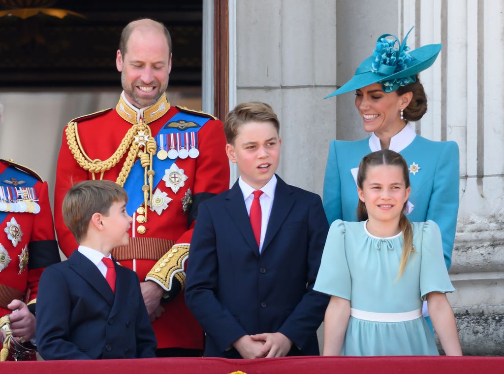 Prince Louis, Prince William, Prince George, Catherine, Princess of Wales and Princess Charlotte on the balcony of Buckingham Palace during Trooping The Color 2025 on June 14, 2025