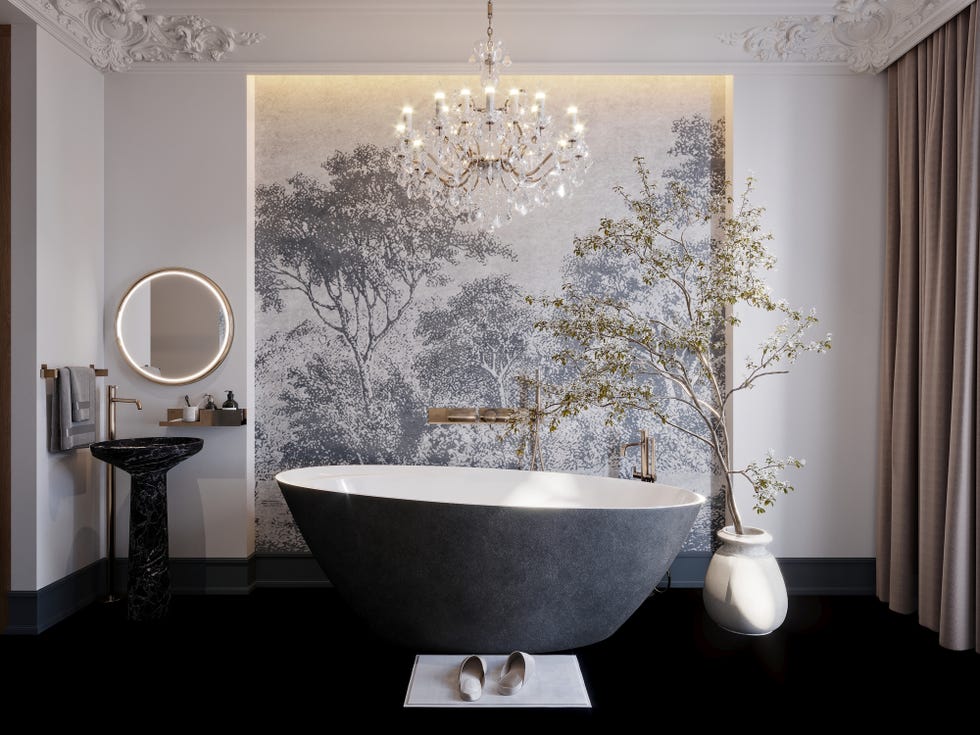 2D rendering of a luxurious bathroom with a huge bathtub