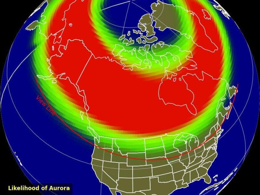 NOAA's Space Weather Prediction Center "Aurora viewline forecast" shows the strip in the northern United States where the Northern Lights could be visible on Wednesday.