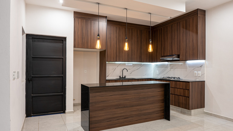 Modern kitchen with dark cupboard doors