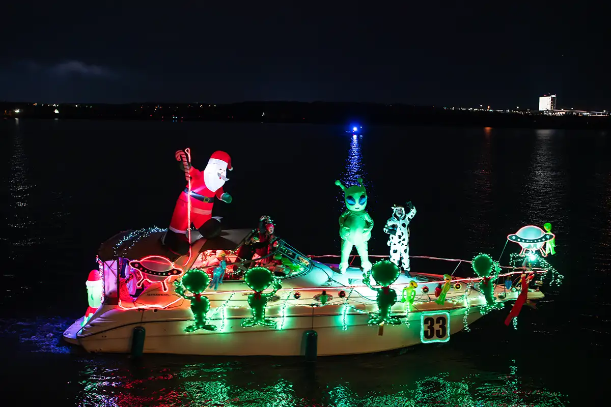 A decorated boat at Alexandria's annual Holiday Boat Parade of Lights