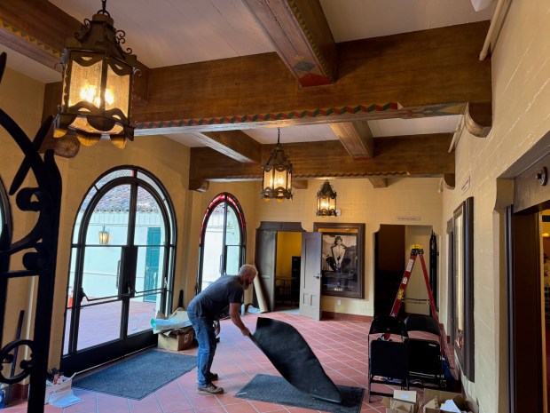 The exterior lobby of the Plaza Theater in Palm Springs will be prepared for Saturday's open house on Wednesday, November 19, 2025, the first opportunity for the public to see the restored 1936 theater. (Photo by David Allen, Inland Valley Daily Bulletin/SCNG)
