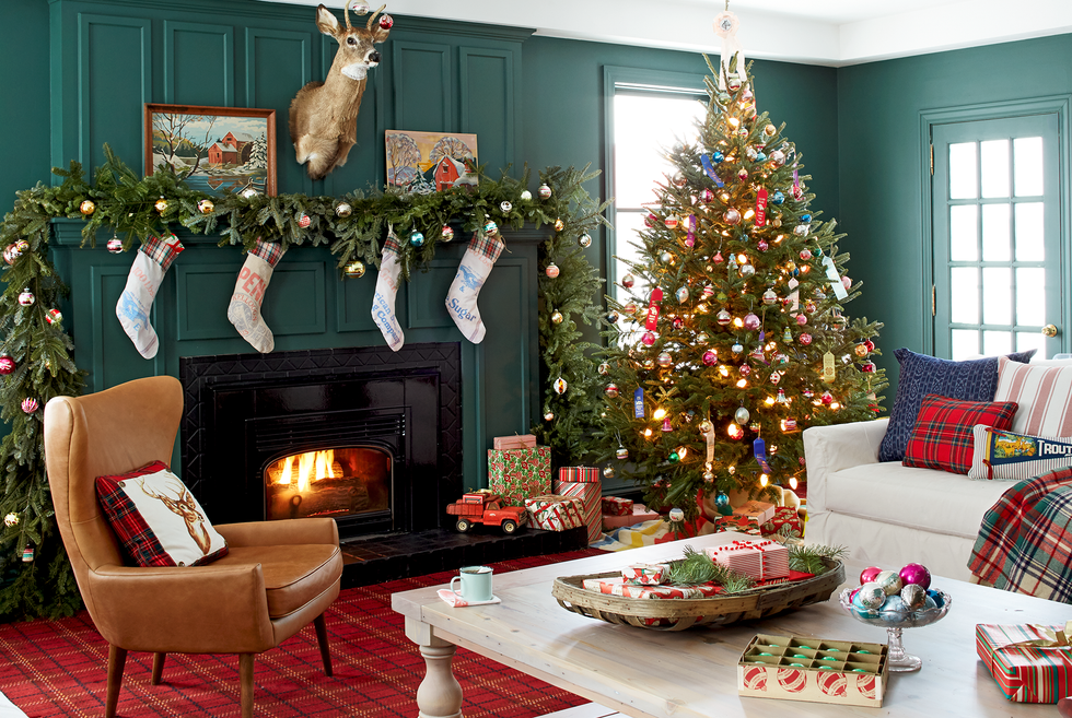 Living room colors by Abby Hoppen Living room painted green and decorated for Christmas