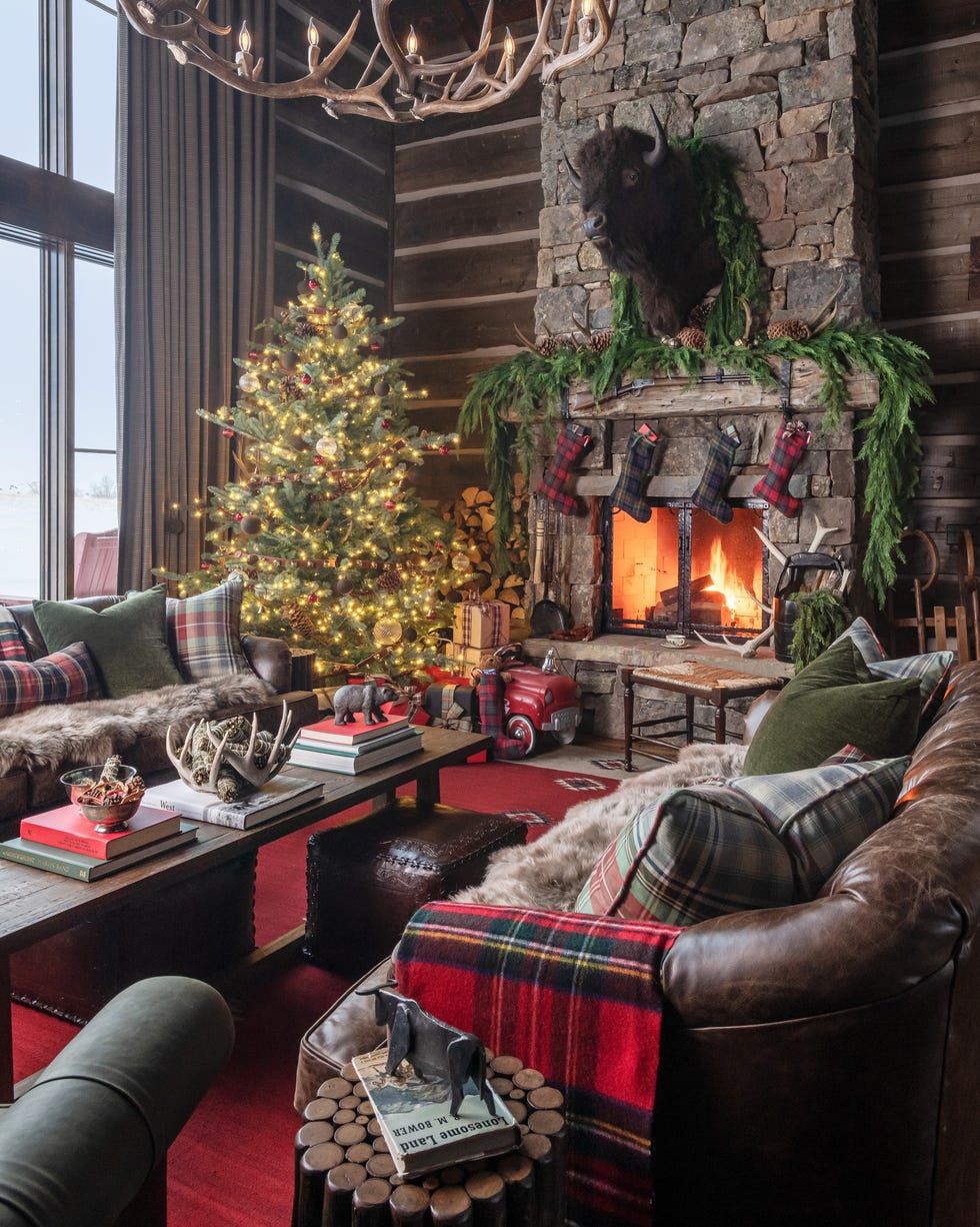 Living room with Christmas tree Rustic living room for Christmas